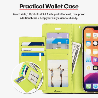 iPhone 15 High-Quality Flip Wallet Case Cover - Shock-Resistant with Front Cover, Multiple Card Slots, Magnetic Closure and Media Stand Convertible - Gold